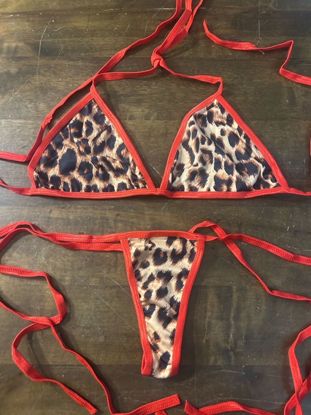 NWOT Handmade Leopard Animal Print w/ Red Trim Triangle Top Thong Bottom Bikini